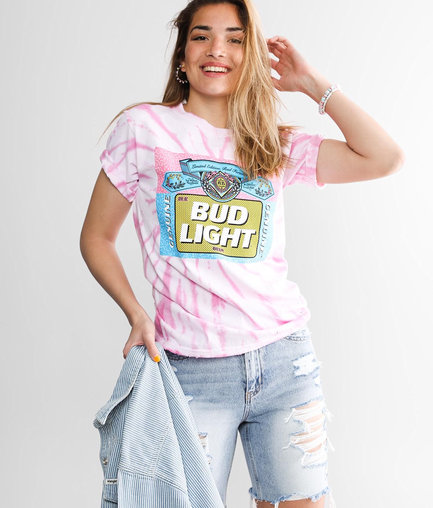 Custom Tie Dye NFL Football Bud Light Beer Graphic T Shirt. Blue & Pink.  Size, M