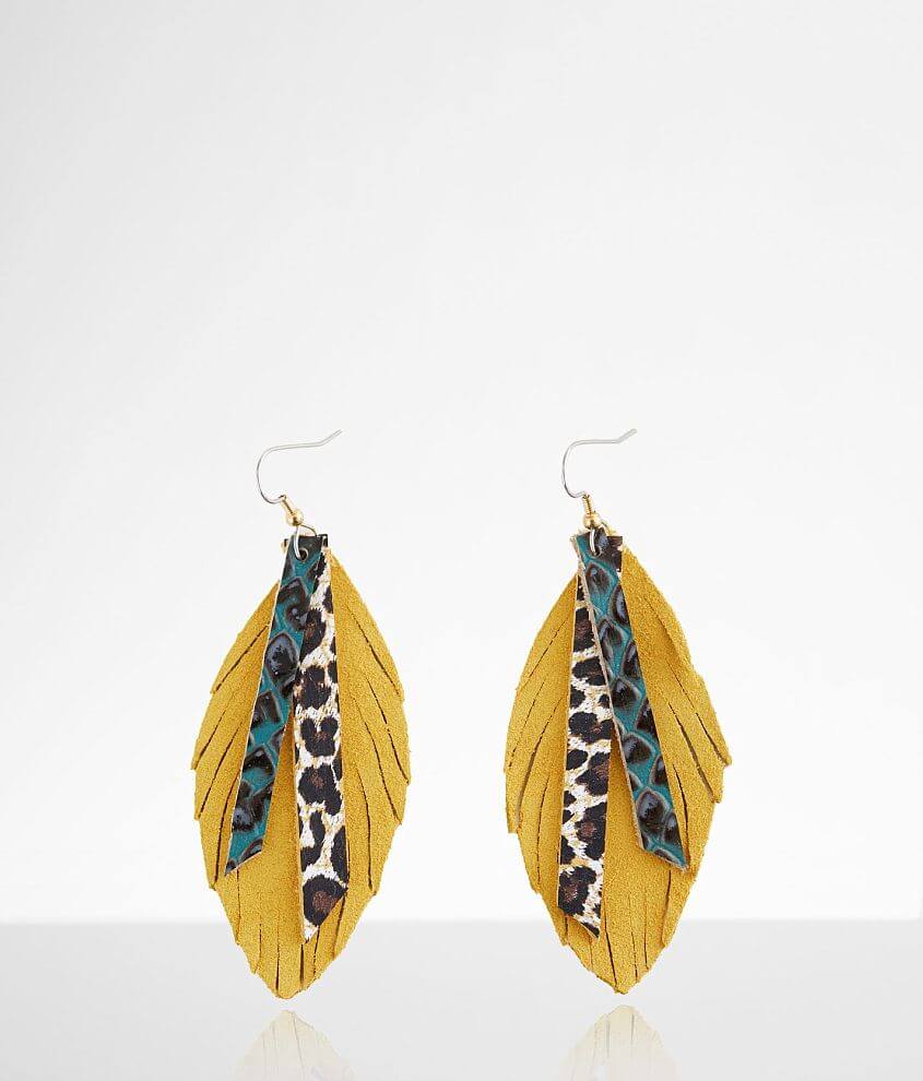 Briar Rose Fringe Feather Leather Earring front view