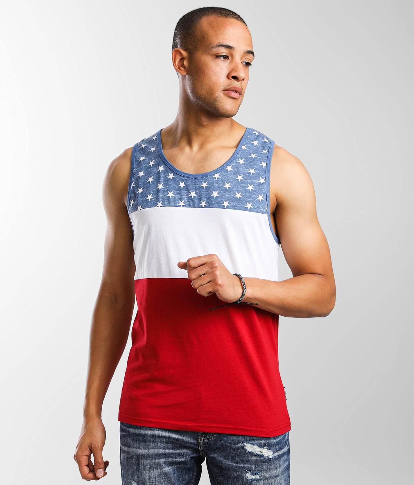Brooklyn Surf Men's USA American Flag Jersey Tank Top Sleeveless Tee Shirt, Red/White/Blue, Large