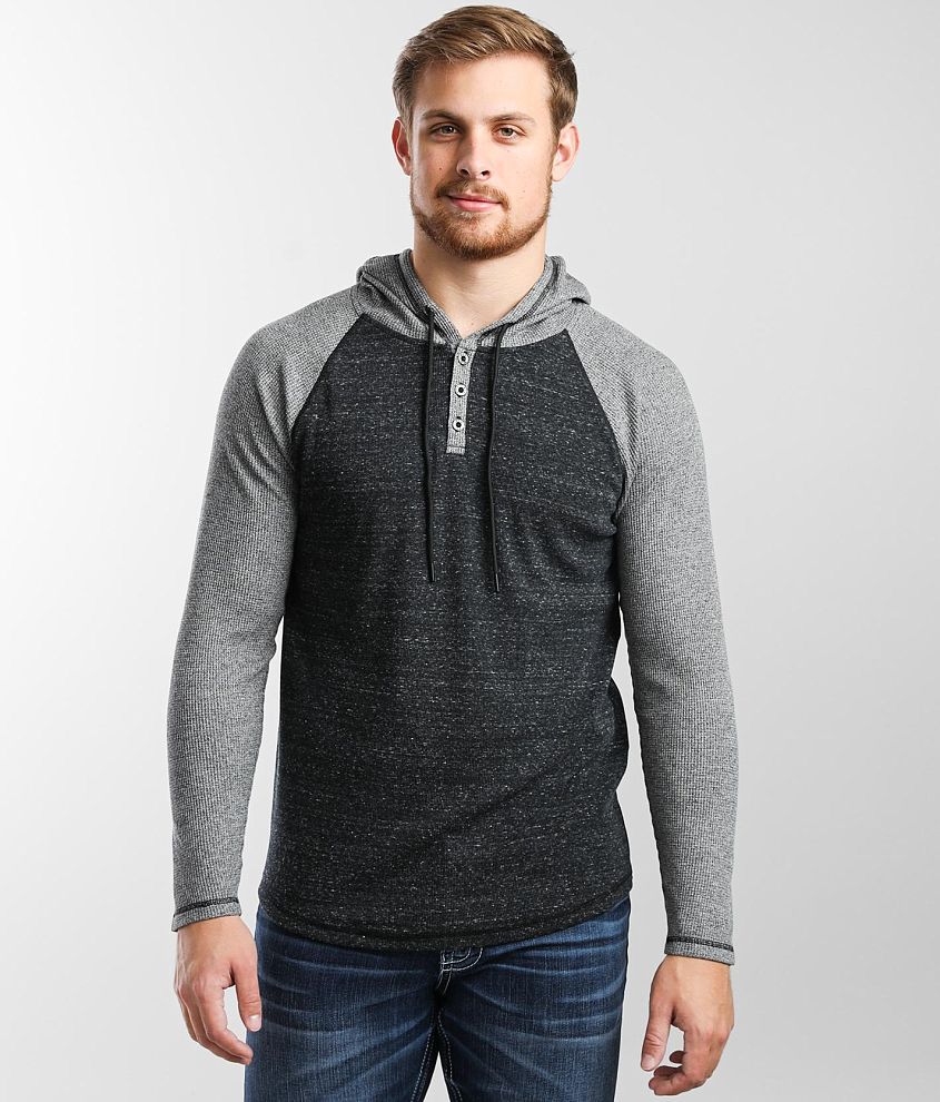 BKE Pieced Thermal Henley Hoodie Men's Sweatshirts in Jet Black Buckle