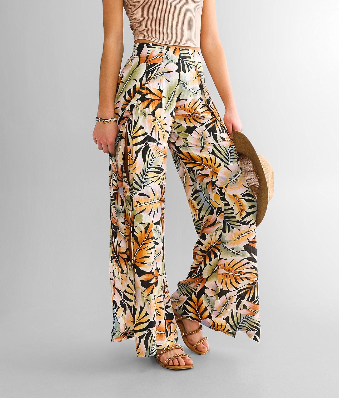 Split Spirit Black Tropical Print Flyaway Pants