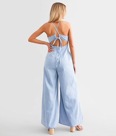 By Together Halter Strappy Chambray Jumpsuit BACK