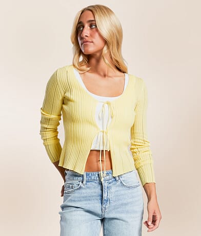 By Together Front Tie Cropped Cardigan Sweater front view