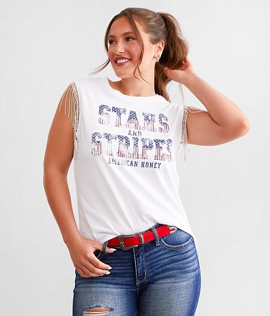 Modish Rebel Stars & Stripes Rhinestone Fringe Tank Top front view