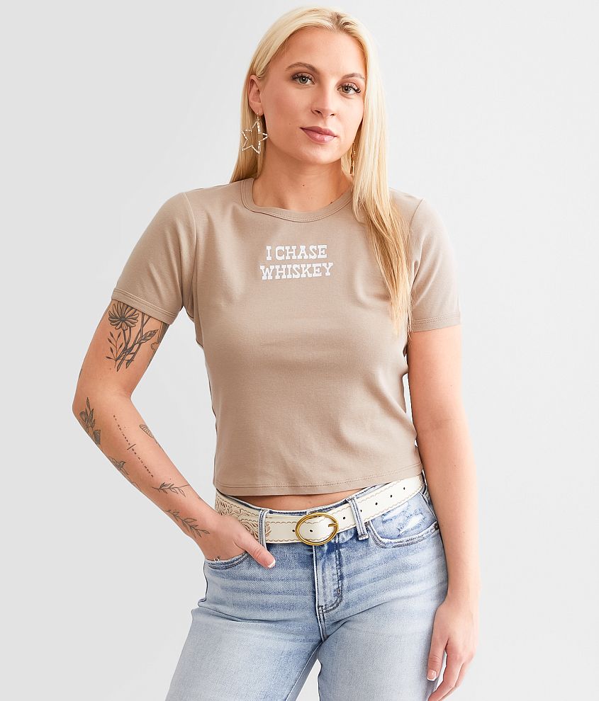 Modish Rebel I Chase Whiskey Baby Cropped T-Shirt front view