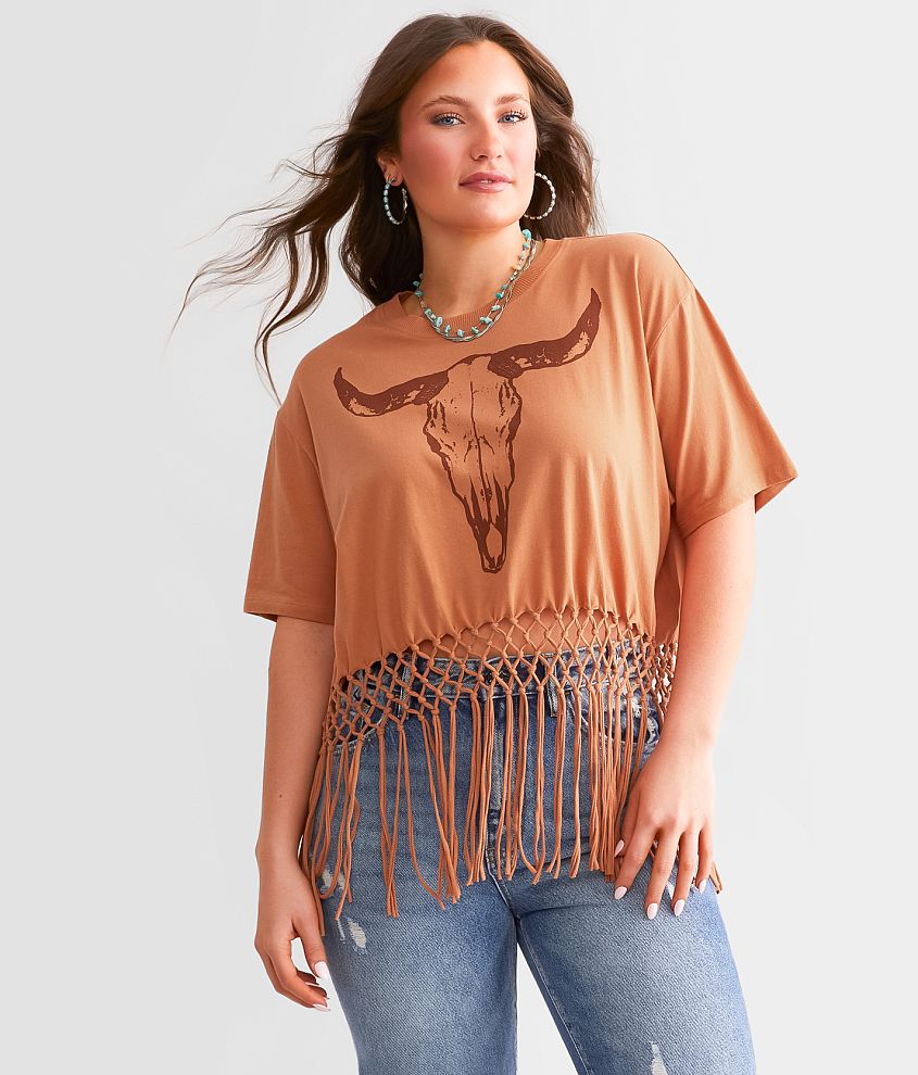 Modish Rebel Steer Macrame Fringe Cropped T-Shirt