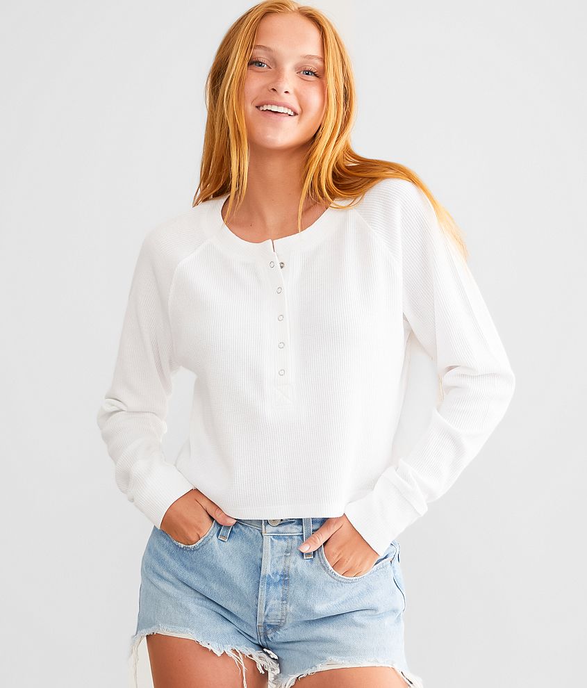 FITZ + EDDI Waffle Knit Henley - Women's Shirts/Blouses in White