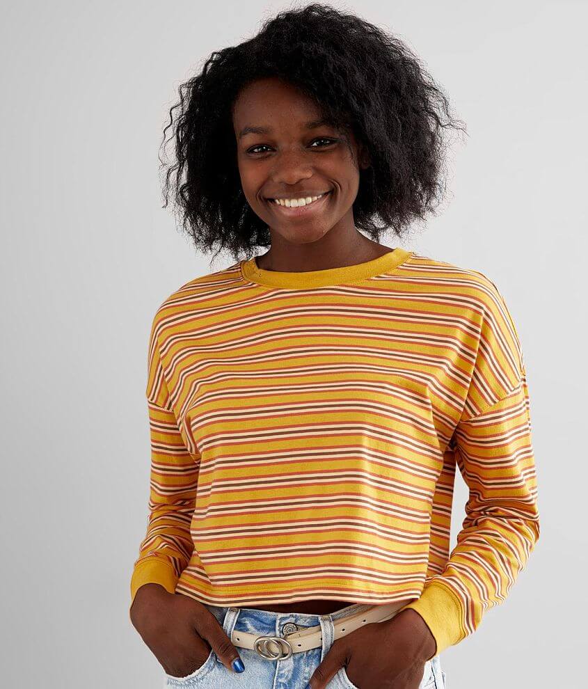 FITZ + EDDI Striped Knit Cropped T-Shirt - Women's T-Shirts in Honey Gold  Multi