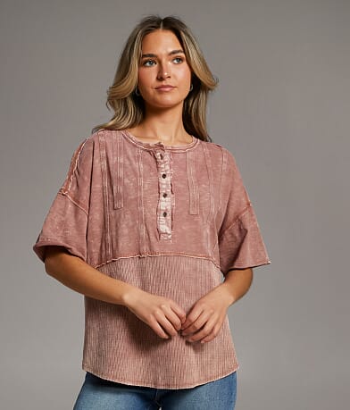 BKE Raw Edge Washed Henley front view