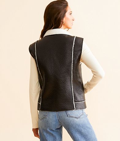 Open SZN Faux Leather Sherpa Vest BACK
