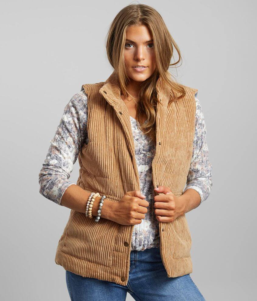 Love Tree Cropped Corduroy Puffer Vest for Women in Khaki