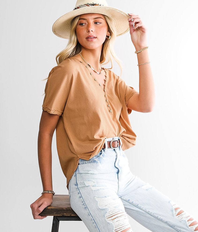 BKE Raw Edge V-Neck Henley - Women's Shirts/Blouses in Tawny Birch