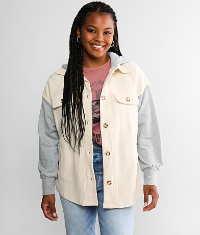BKE Reverse Pieced Fleece Shacket front view