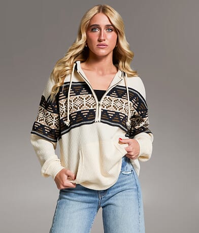 BKE Pieced Sweater Waffle Knit Hoodie front view