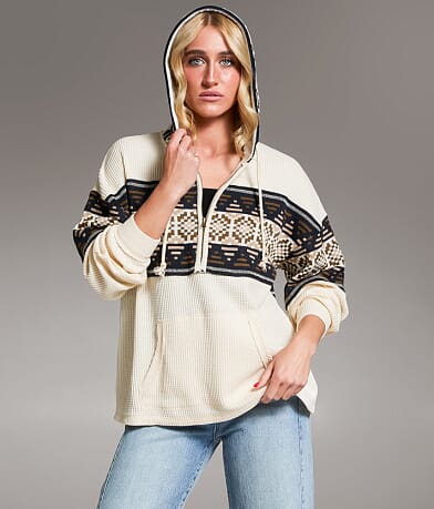 BKE Pieced Sweater Waffle Knit Hoodie front view