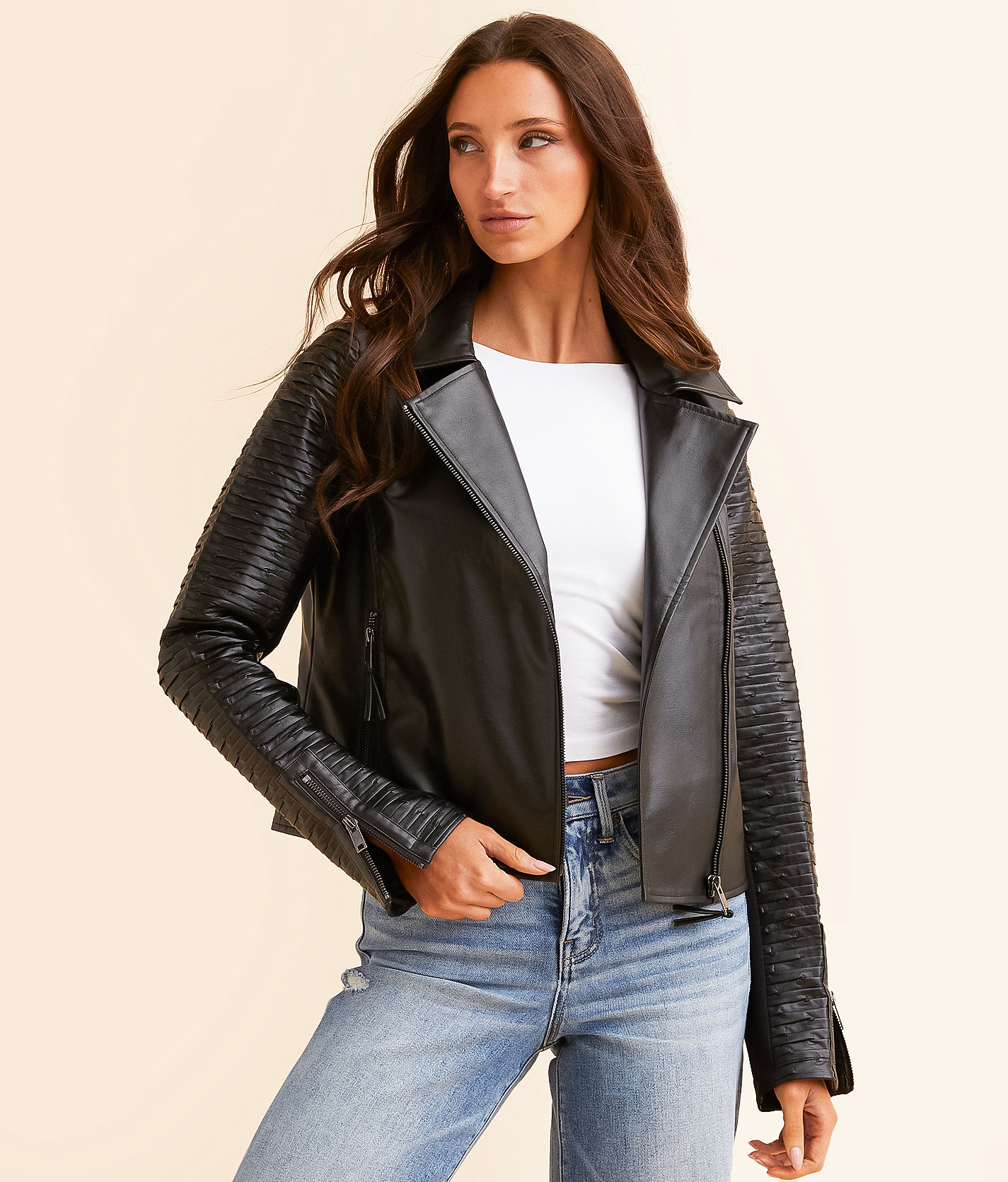 ジャケット・アウター ROUND SHORT SYNTHETIC LEATHER JACKET zzxswc Punk Rivet Leather Jacket Women's Short Slim Slant