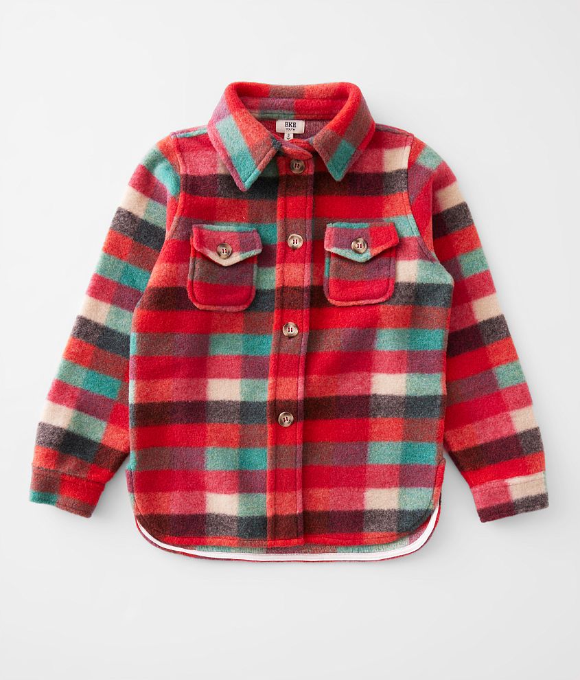 Girls - BKE Plaid Fleece Shacket front view