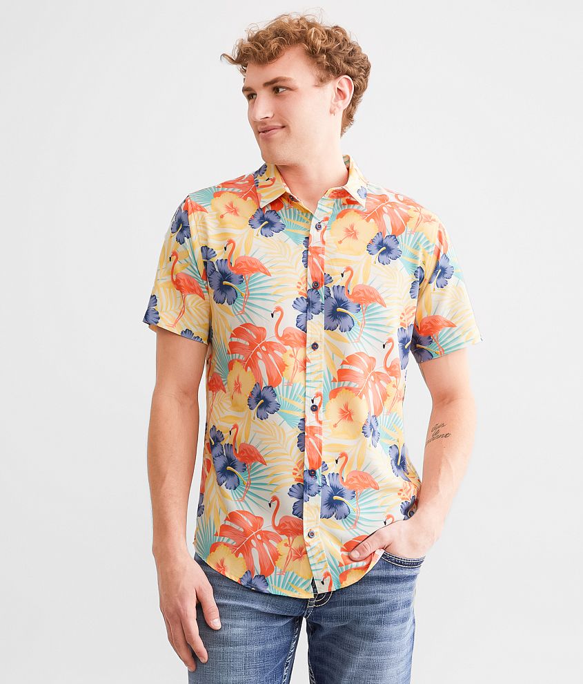 Departwest Tropical Flamingo Performance Stretch Shirt front view