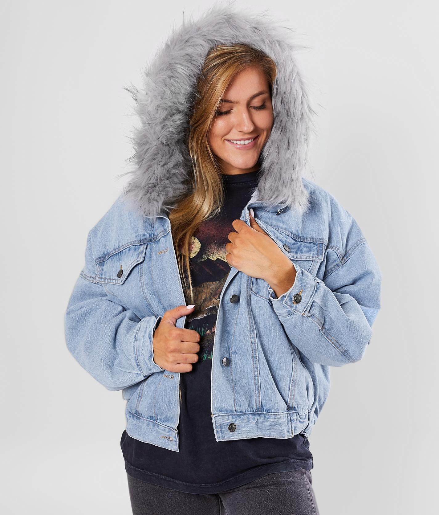 faux fur hooded denim jacket