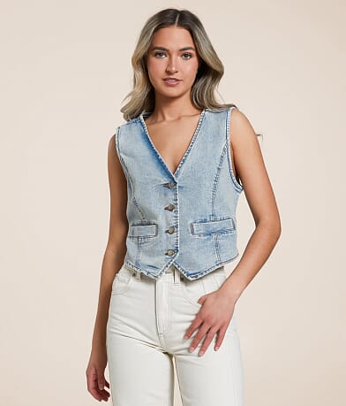 Willow & Root Denim Cropped Vest front view