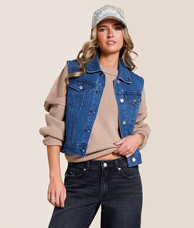 Willow & Root Trucker Striped Denim Stretch Vest front view