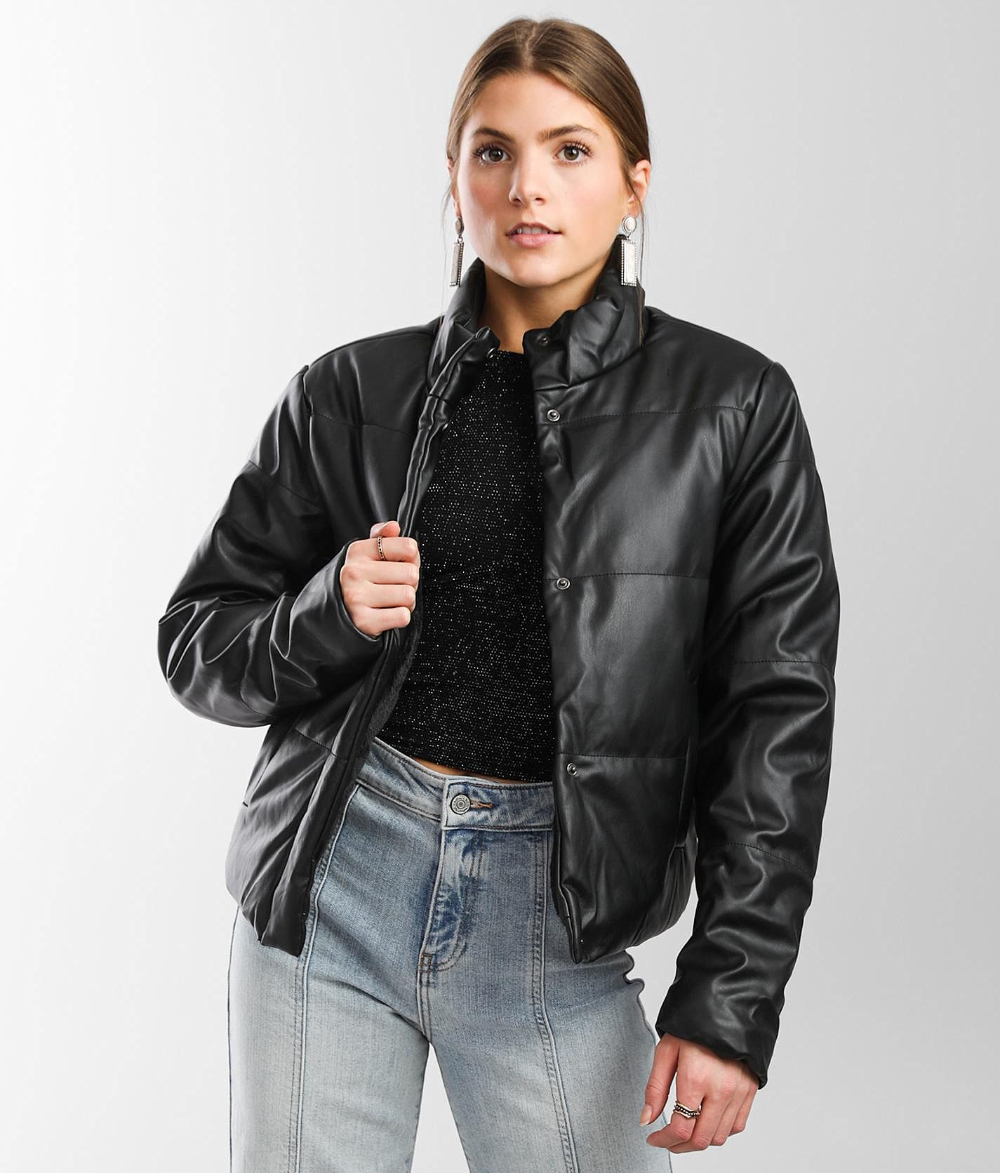 Faux Leather Puffer  Celebrities leather jacket, Leather puffer