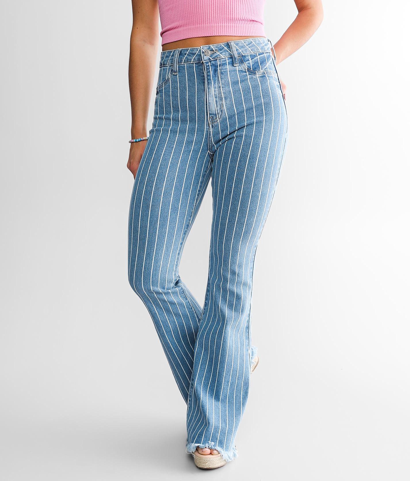 blue and white striped flare jeans