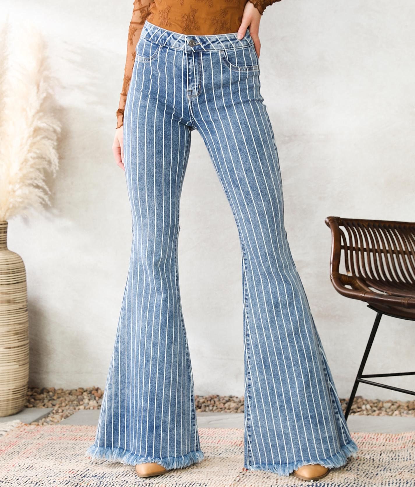 Jawbreaker High-Waisted Striped Buckle Belt Flare Pants - Black Pinstripe