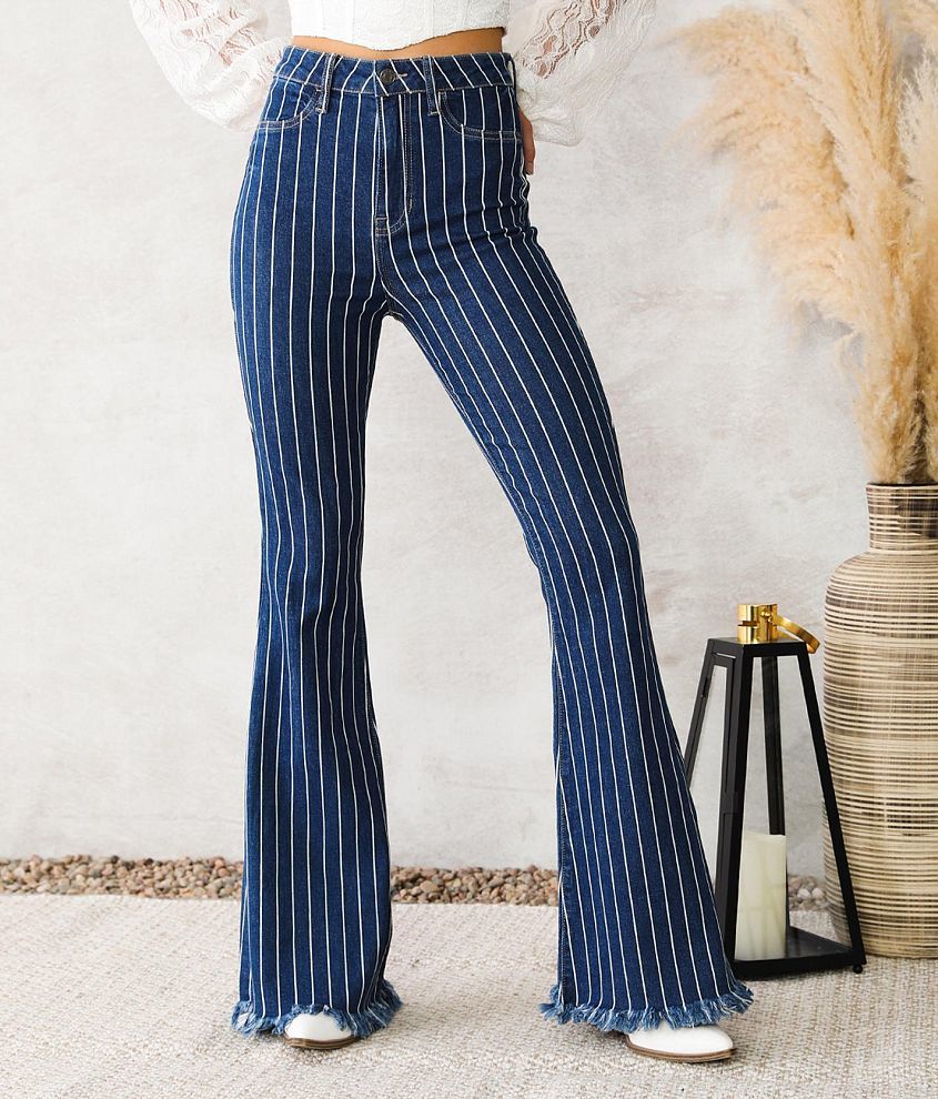 Cello High Rise Striped Flare Stretch Jean - Women's Jeans in Dark Stone  Acid Wash