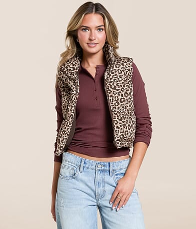 Willow & Root Leopard Print Cropped Puffer Vest front view