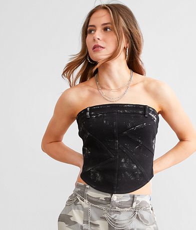 Gilded Intent Metallic Denim Cropped Tube Top front view