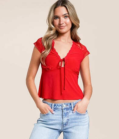 Willow & Root Pieced Lace Keyhole Top front view