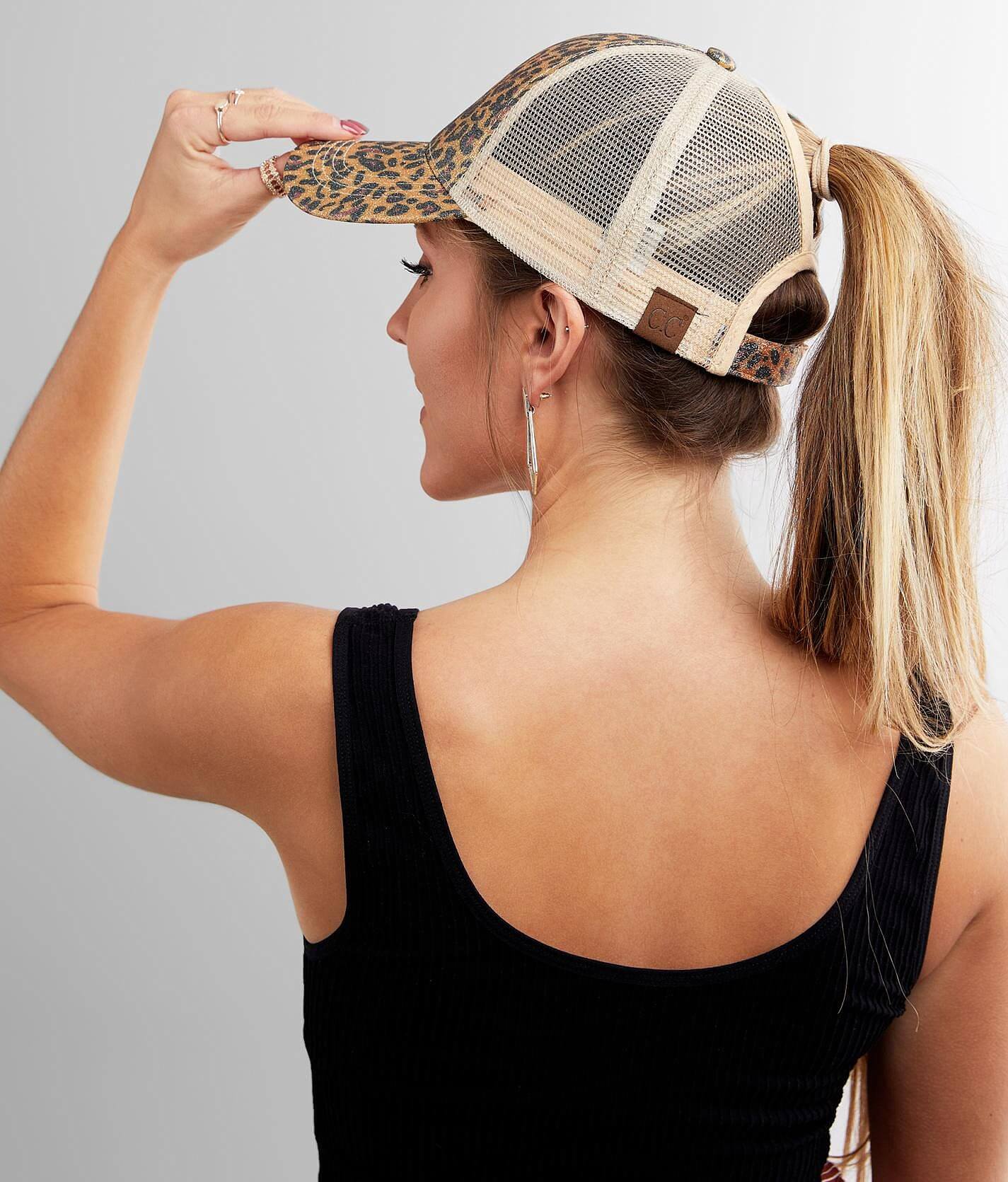 Up-Cycled Designer c.c. Ponytail Hat Leopard Beige