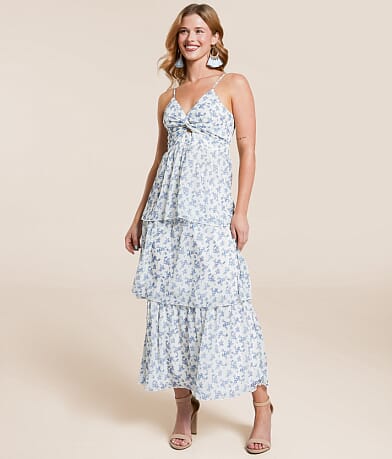 Willow & Root Ditsy Floral Tiered Midi Dress front view