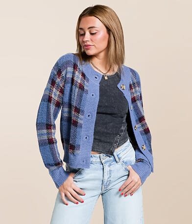 Gilded Intent Plaid Cardigan Sweater front view