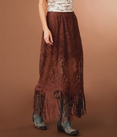 Sterling & Stitch Lace Fringe Midi Skirt front view