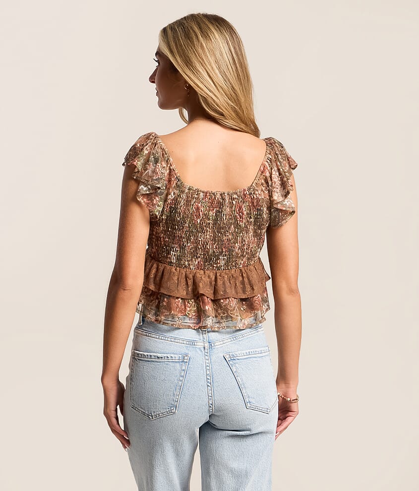Floral Mesh Ruffle Top - thumbnail 2