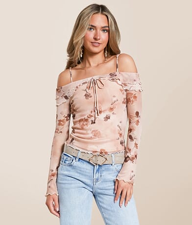 Willow & Root Floral Mesh Cold Shoulder Top front view