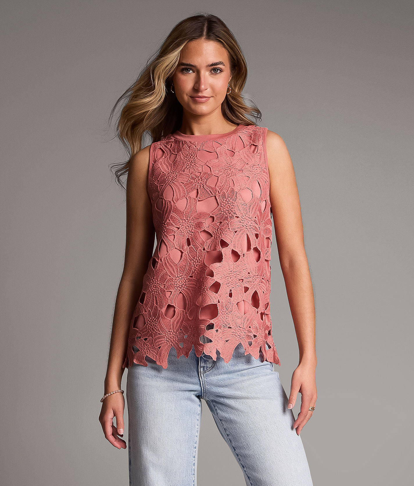 BKE Floral Crochet Overlay Tank Top - Women's Tank Tops in Dusty