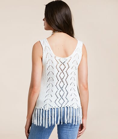 Daytrip Pointelle Fringe Sweater Tank Top back view