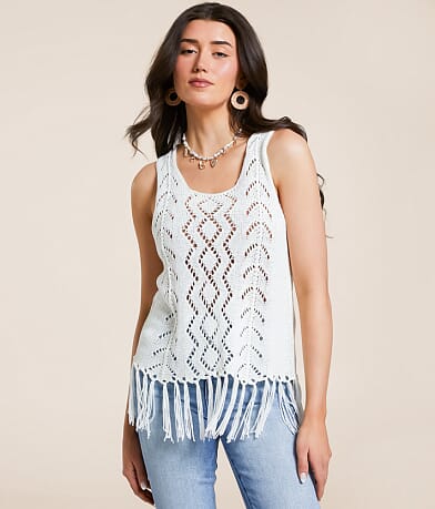 Daytrip Pointelle Fringe Sweater Tank Top full right side view