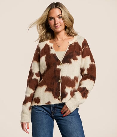 Willow & Root Cow Print Cardigan Sweater front view