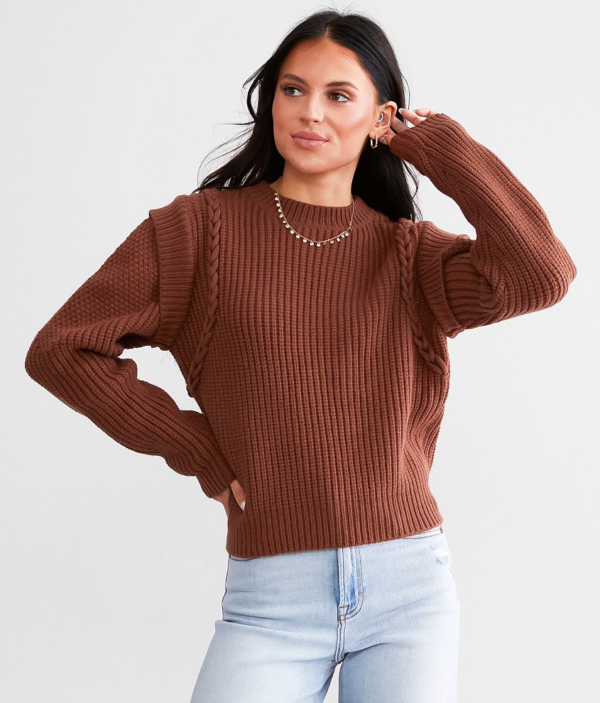 Mock Neck Rib Knit Sweater (Brown)