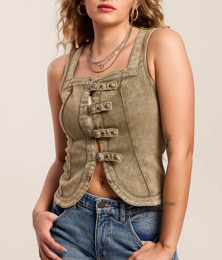 Buckle Strap Denim Stretch Tank Top
