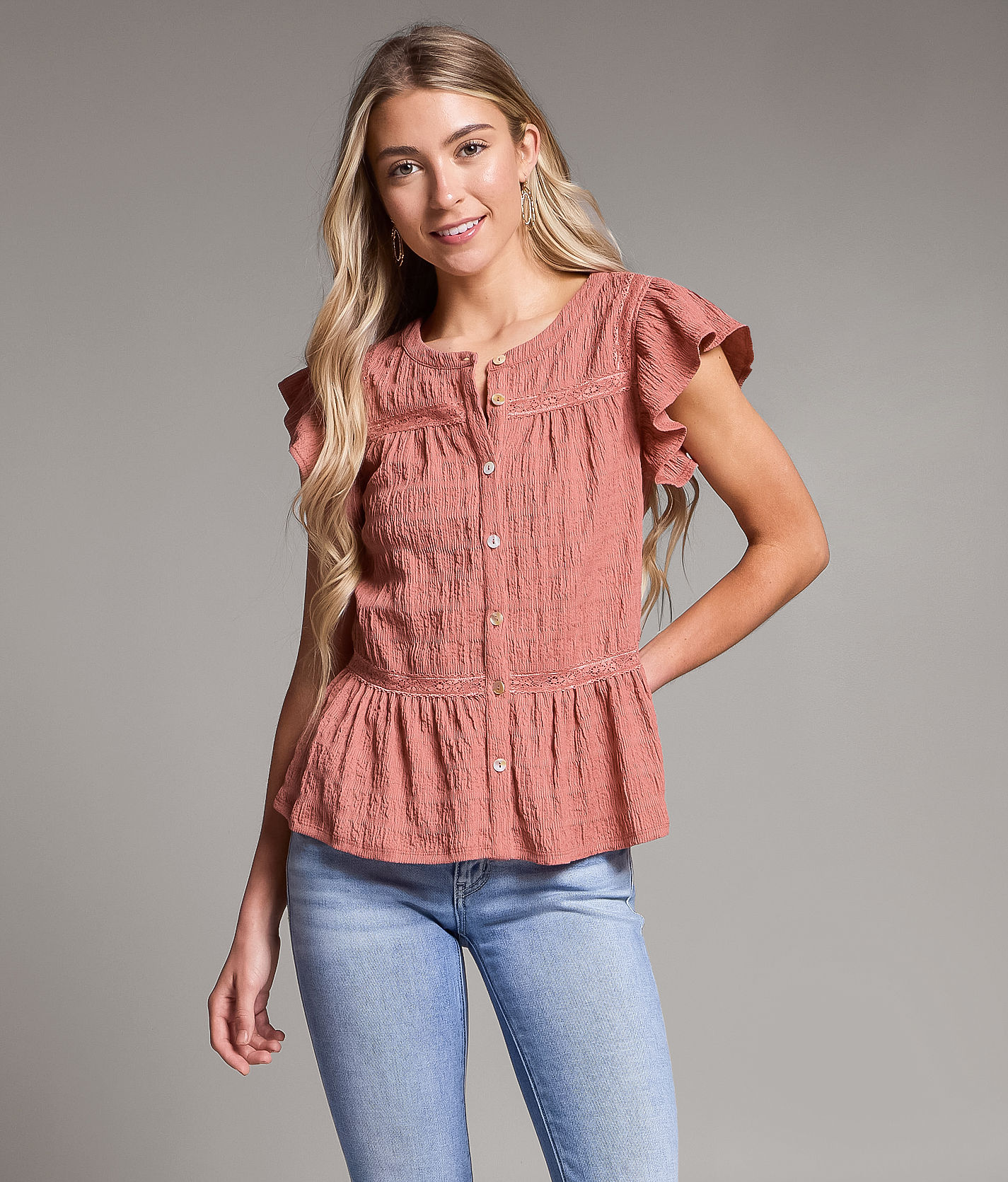 BKE Crochet Trim Ruffle Top - Women's Shirts & Blouses in Dusty