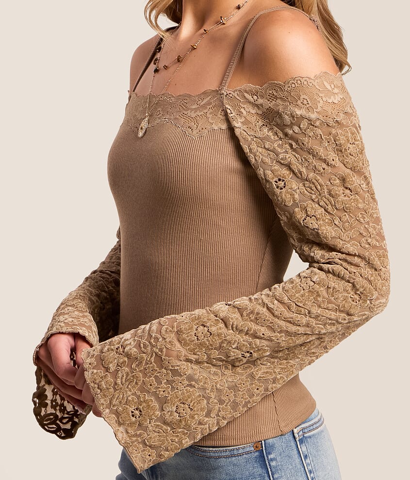 Flocked Lace Cold Shoulder Top