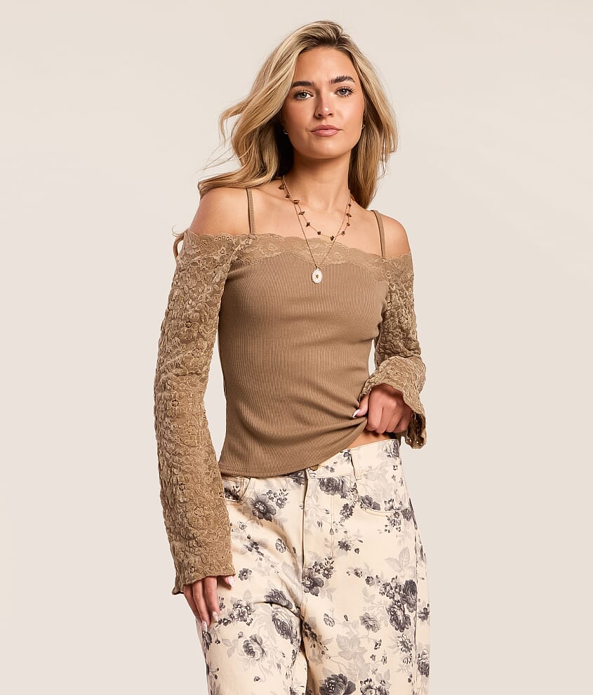 Flocked Lace Cold Shoulder Top