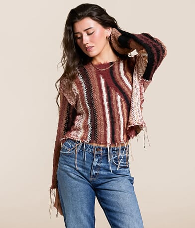 Gilded Intent Mixed Stripe Eyelash Fringe Sweater front view
