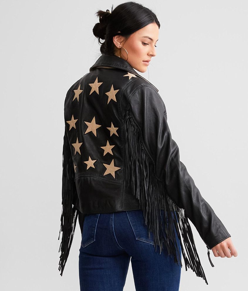 Fringe leather jacket on sale womens