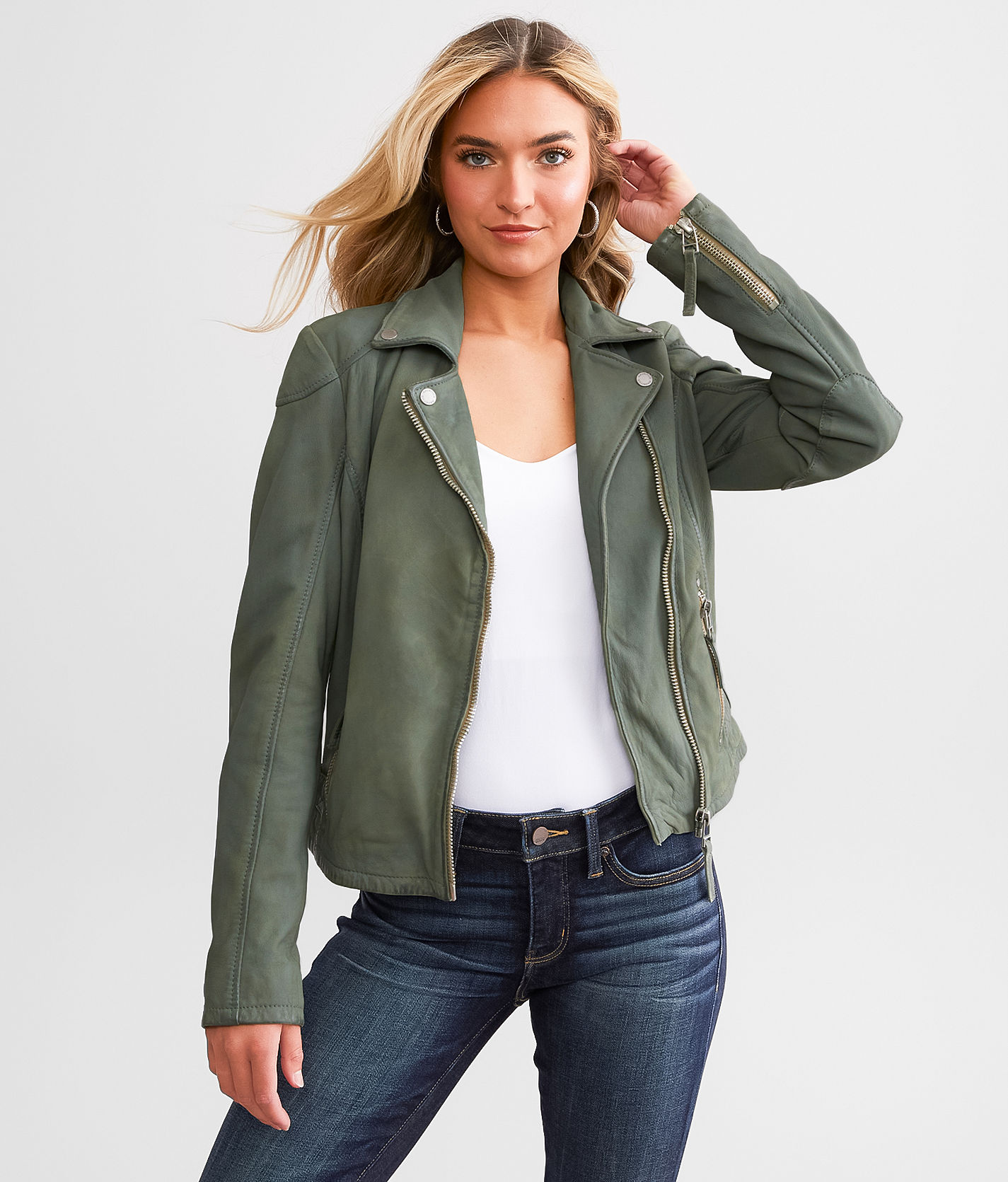Leather jacket khaki hotsell